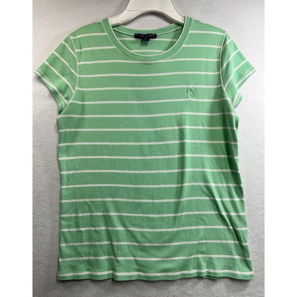 Ralph Lauren Women's L Green/White Striped Crew Neck Short Sleeve Knit‎ Tee